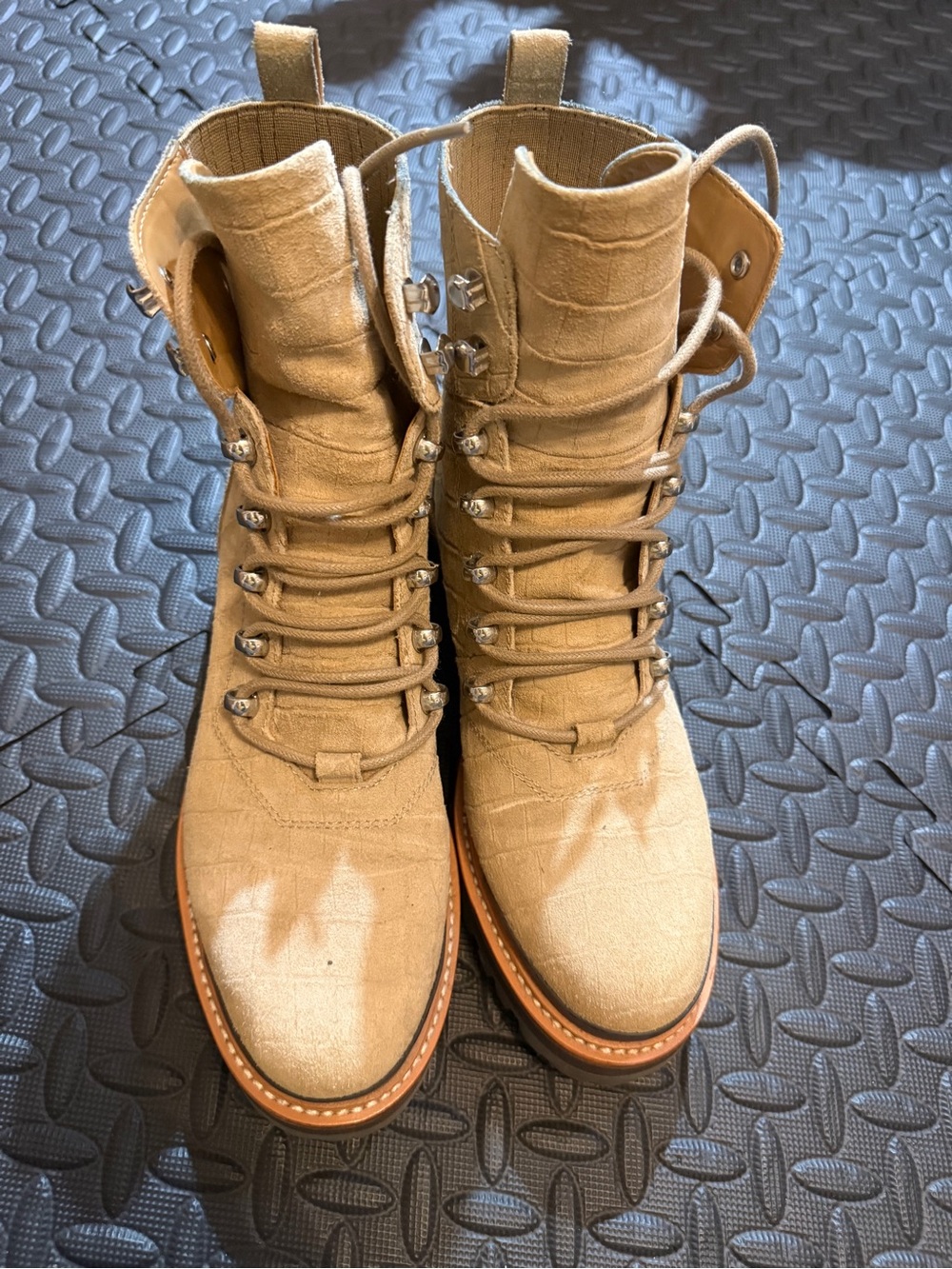 Marc Fisher Beige Lace-Up Suede Combat Boots